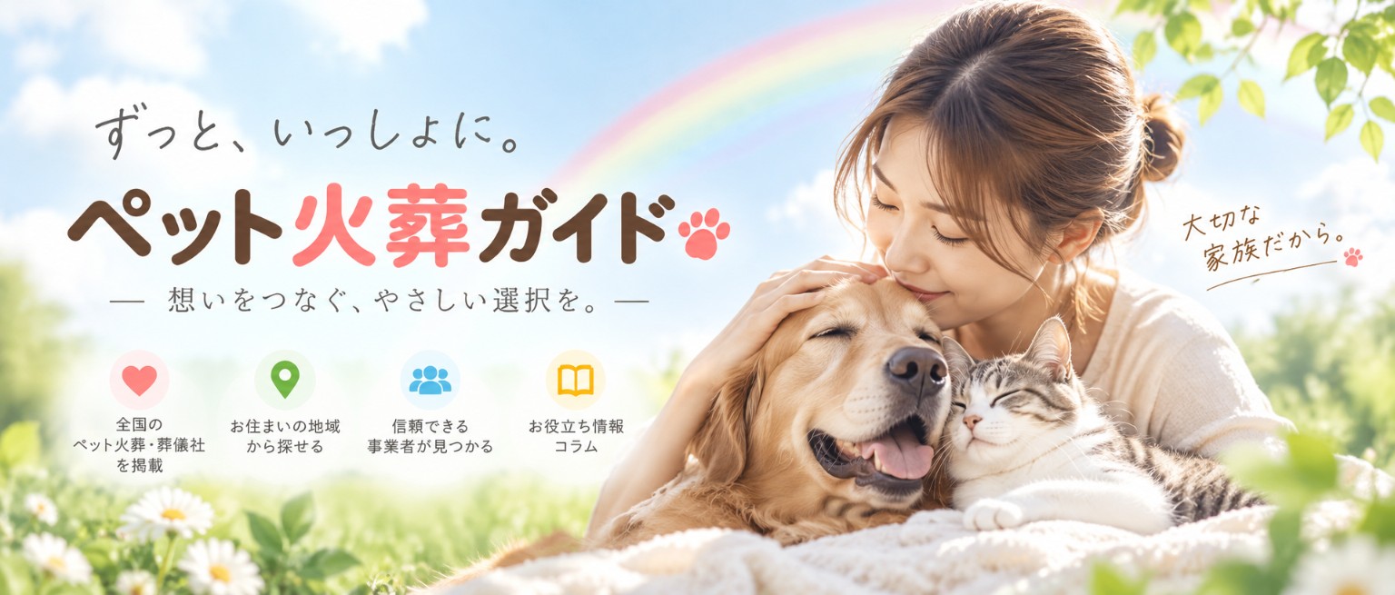 虹の下で犬と猫に優しく寄り添う女性と、ペット火葬ガイドの案内
